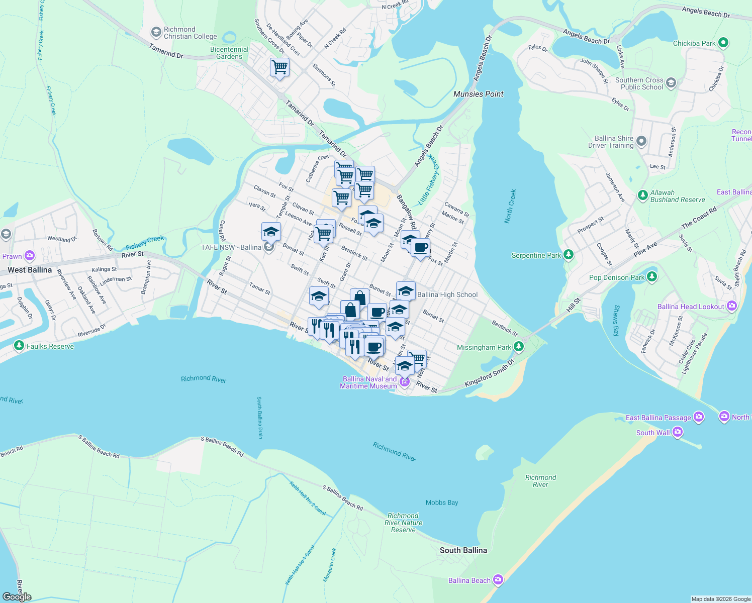 map of restaurants, bars, coffee shops, grocery stores, and more near 61B Swift Street in Ballina