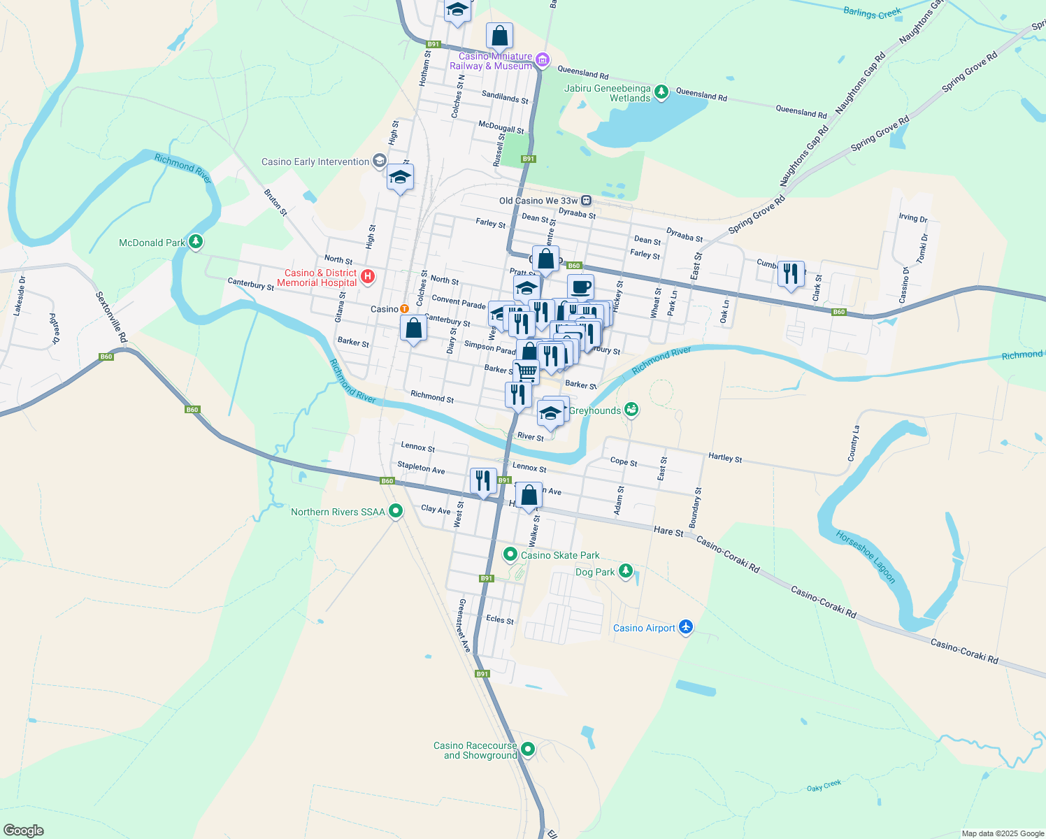 map of restaurants, bars, coffee shops, grocery stores, and more near Richmond Street in Casino