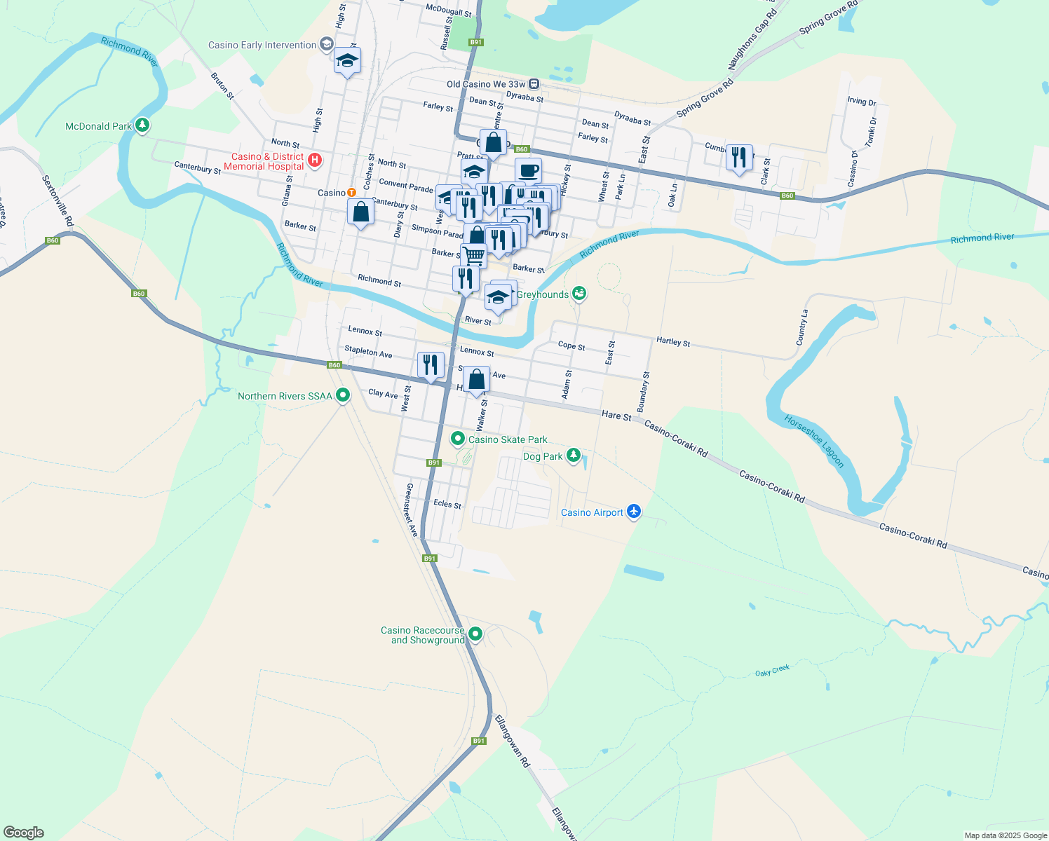 map of restaurants, bars, coffee shops, grocery stores, and more near Hickey Street in Casino