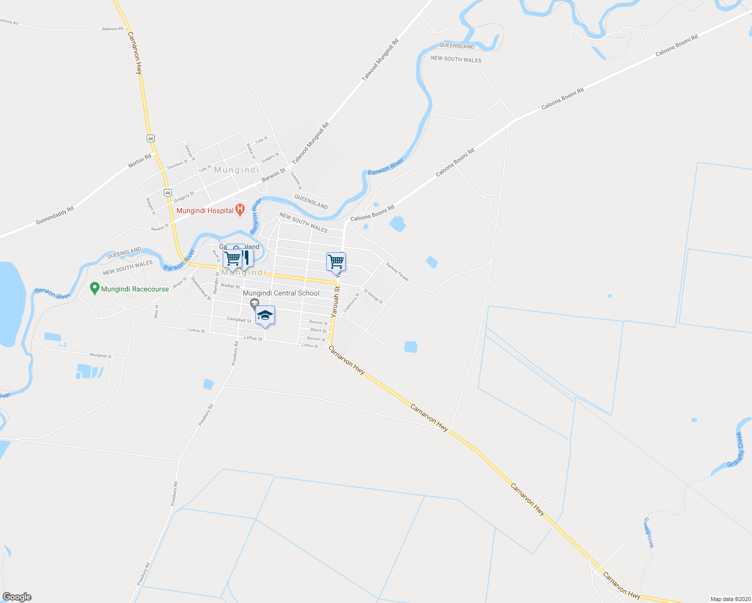 map of restaurants, bars, coffee shops, grocery stores, and more near 10 St George Street in Mungindi