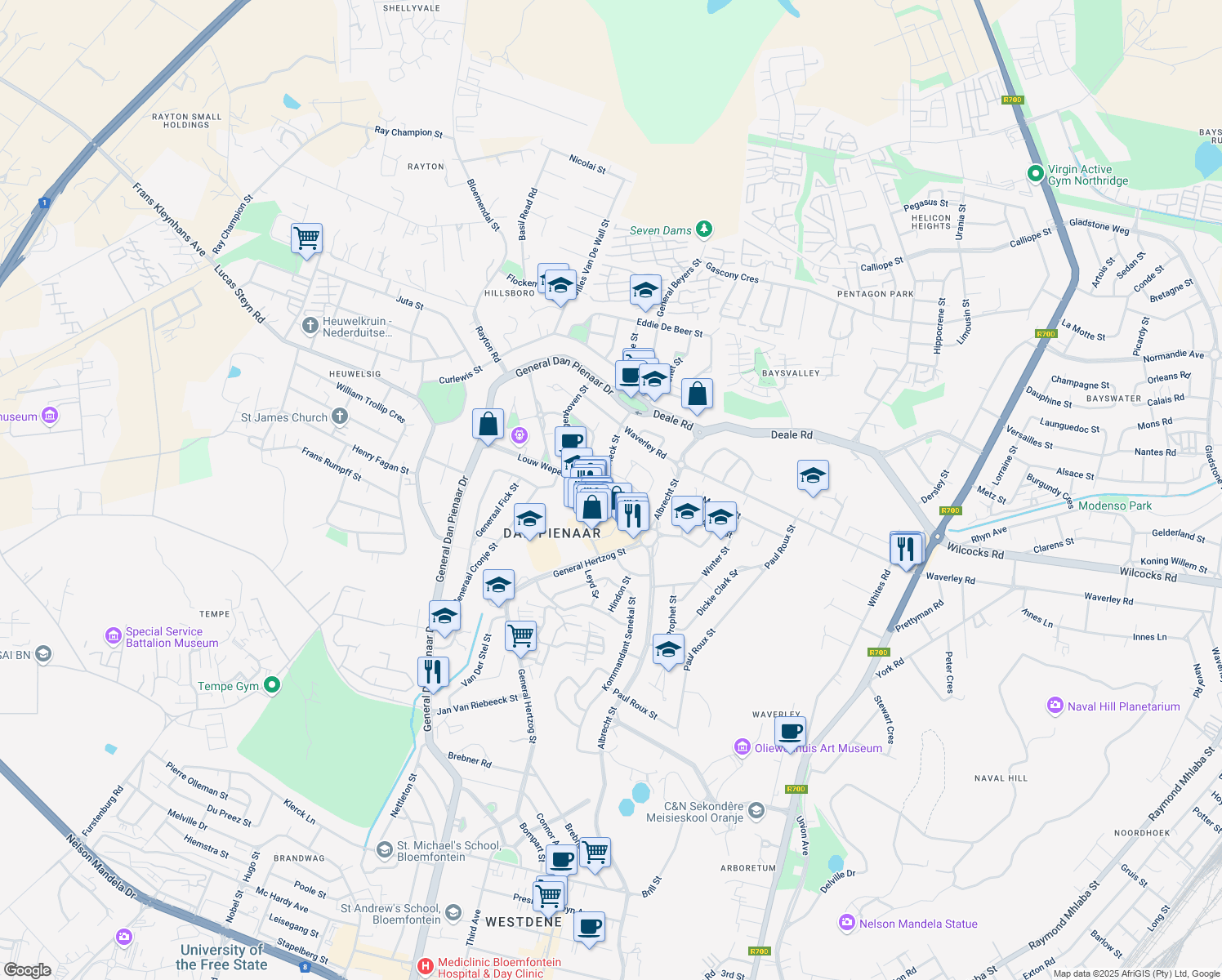 map of restaurants, bars, coffee shops, grocery stores, and more near 44 Louw Wepener Street in Bloemfontein