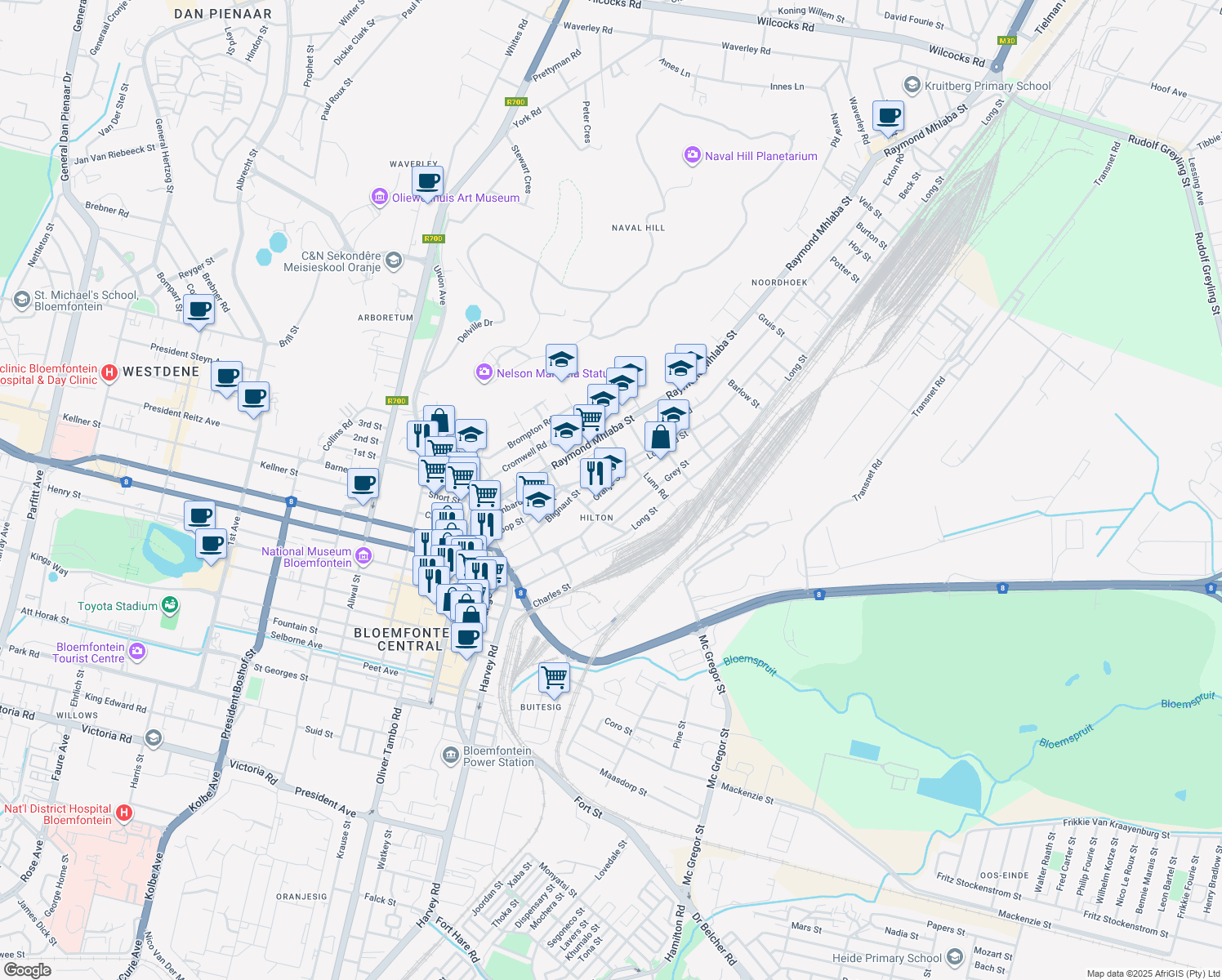 map of restaurants, bars, coffee shops, grocery stores, and more near 44 Glen Road in Bloemfontein