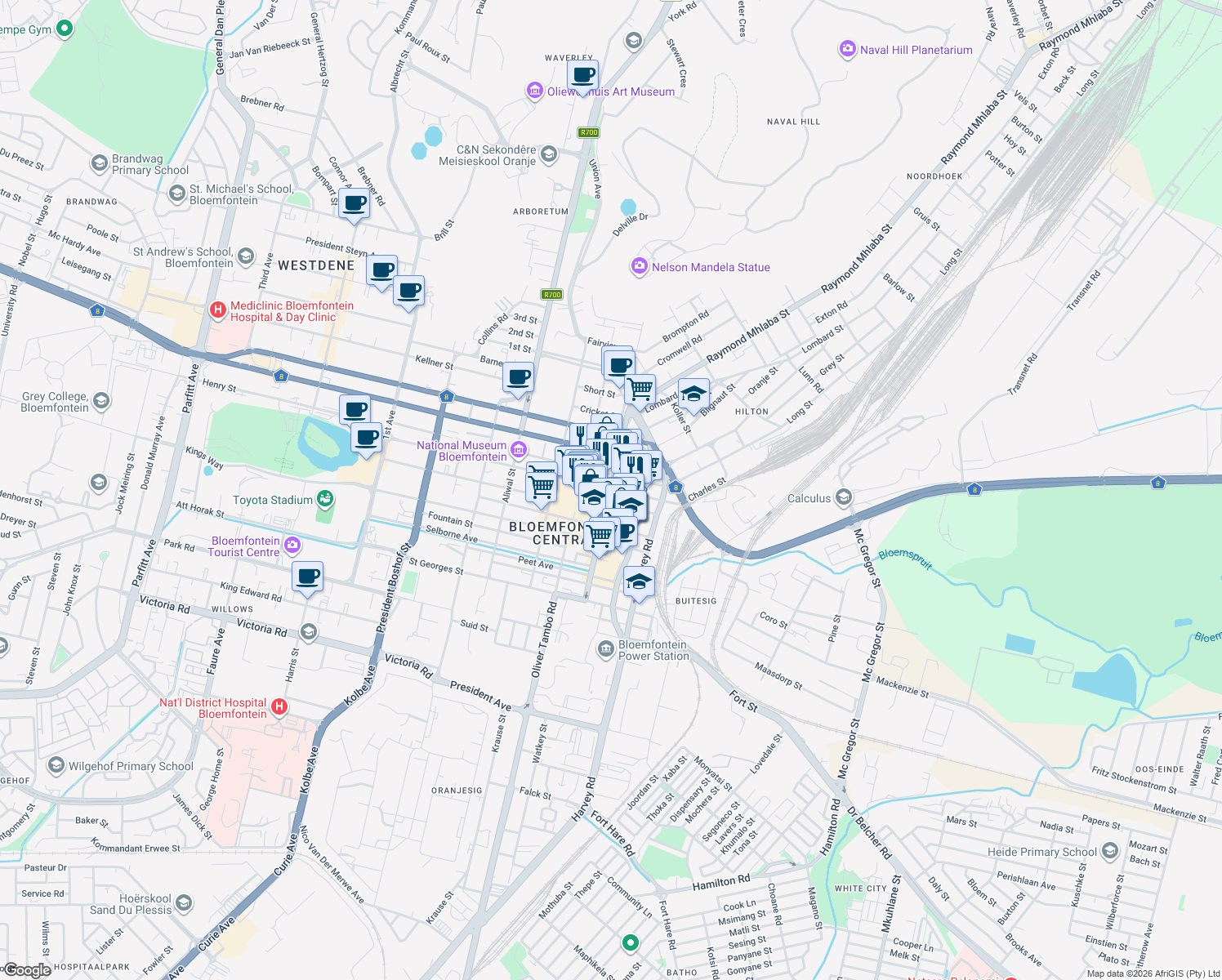 map of restaurants, bars, coffee shops, grocery stores, and more near Oos Burger Street in Bloemfontein