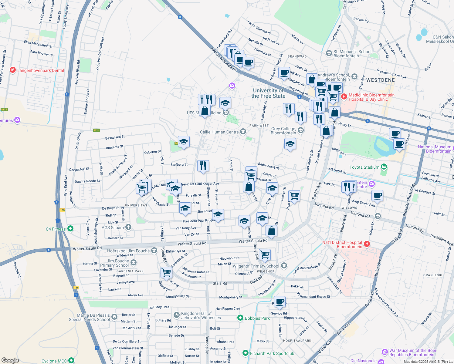 map of restaurants, bars, coffee shops, grocery stores, and more near President Paul Kruger Avenue in Bloemfontein