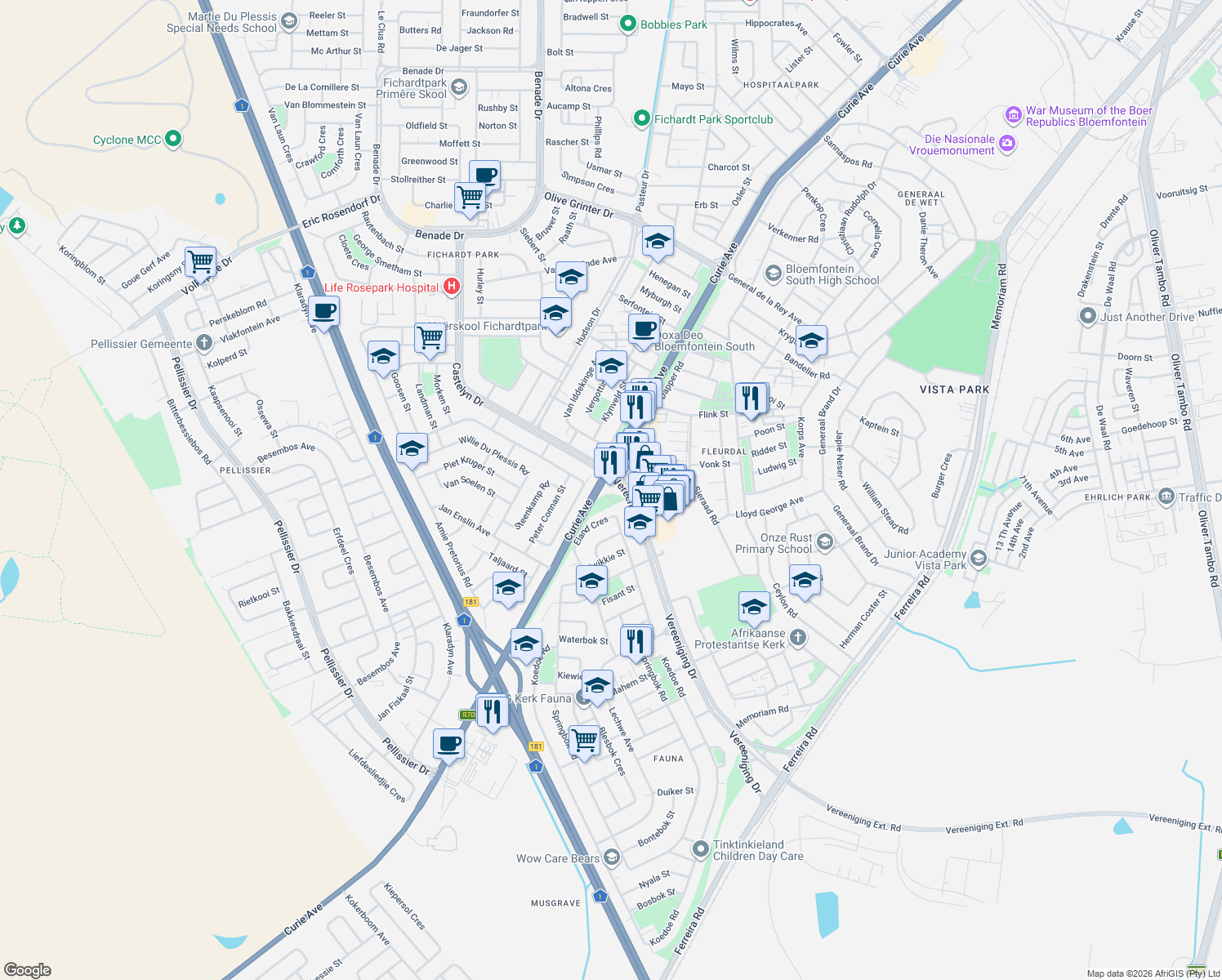map of restaurants, bars, coffee shops, grocery stores, and more near Jagersfontein Road in Bloemfontein