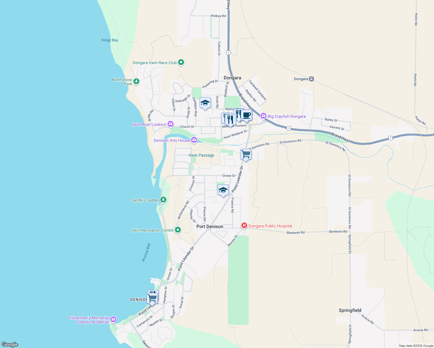 map of restaurants, bars, coffee shops, grocery stores, and more near 26 Ocean Drive in Port Denison