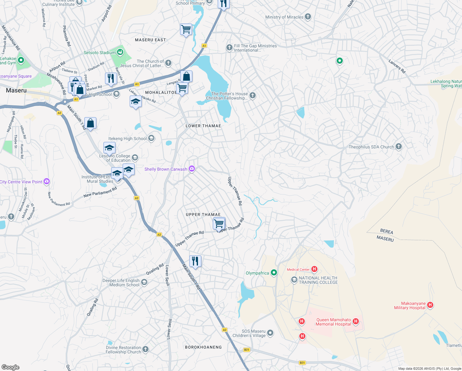 map of restaurants, bars, coffee shops, grocery stores, and more near Upper Thamae Road in Maseru