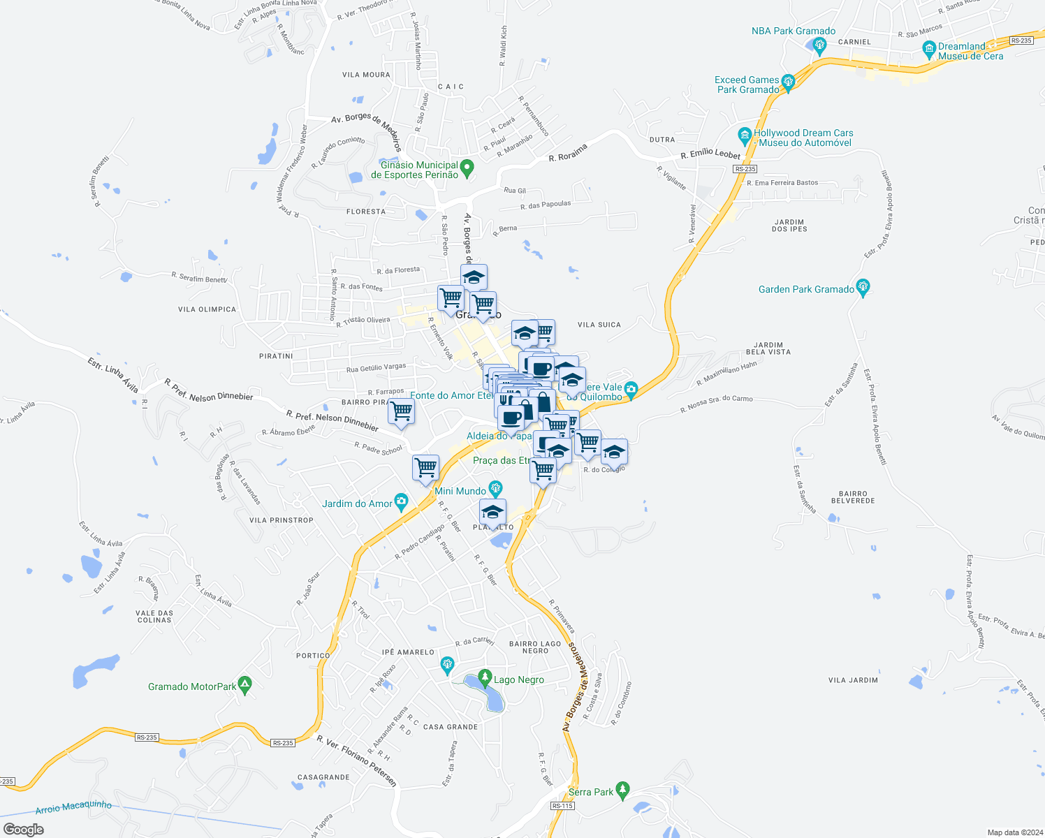 map of restaurants, bars, coffee shops, grocery stores, and more near 780 Avenida das Hortênsias in Gramado