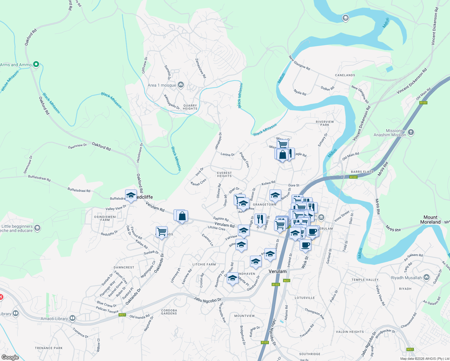 map of restaurants, bars, coffee shops, grocery stores, and more near 44 Olivine Road in Verulam
