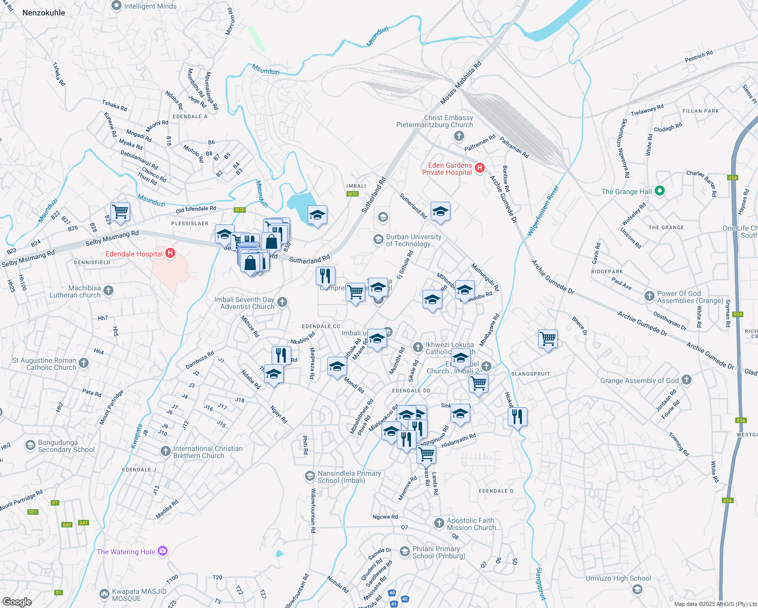 map of restaurants, bars, coffee shops, grocery stores, and more near Fj Sithole Road in Pietermaritzburg