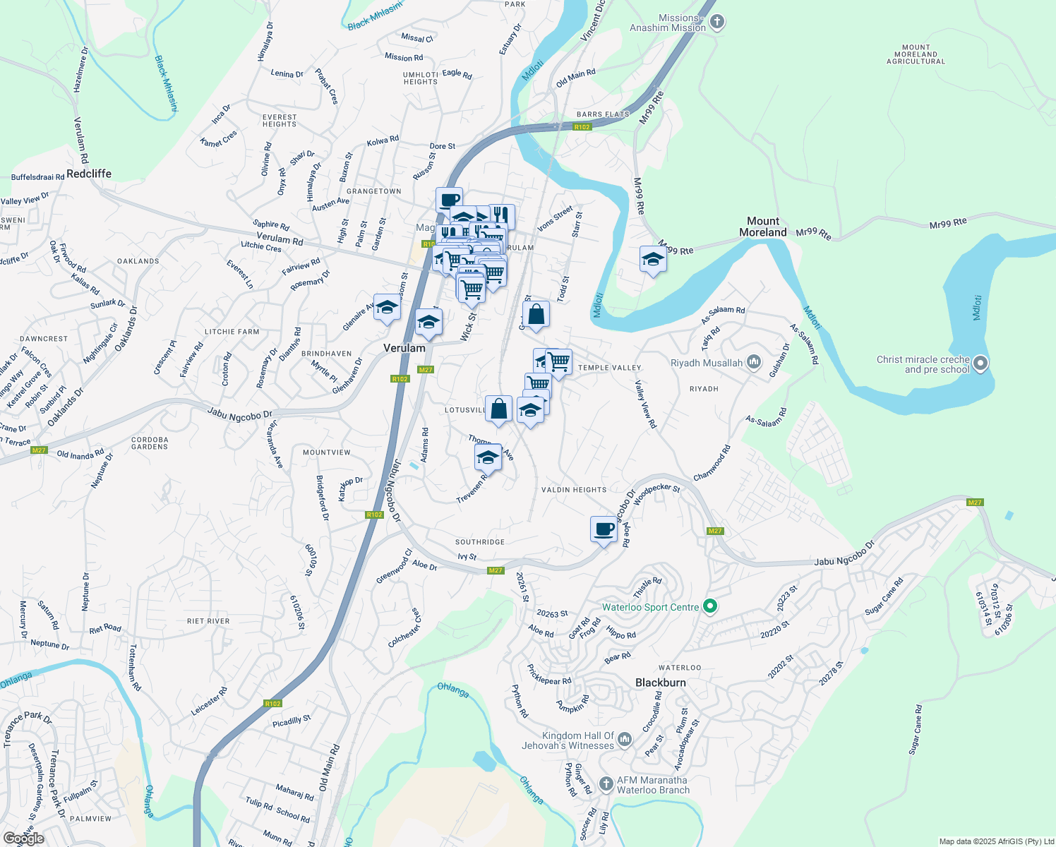 map of restaurants, bars, coffee shops, grocery stores, and more near Pako Street in Verulam