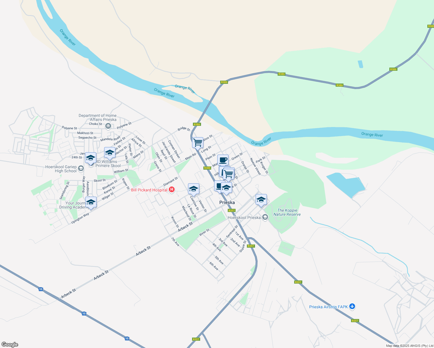map of restaurants, bars, coffee shops, grocery stores, and more near Andries Pretorius Street in Prieska