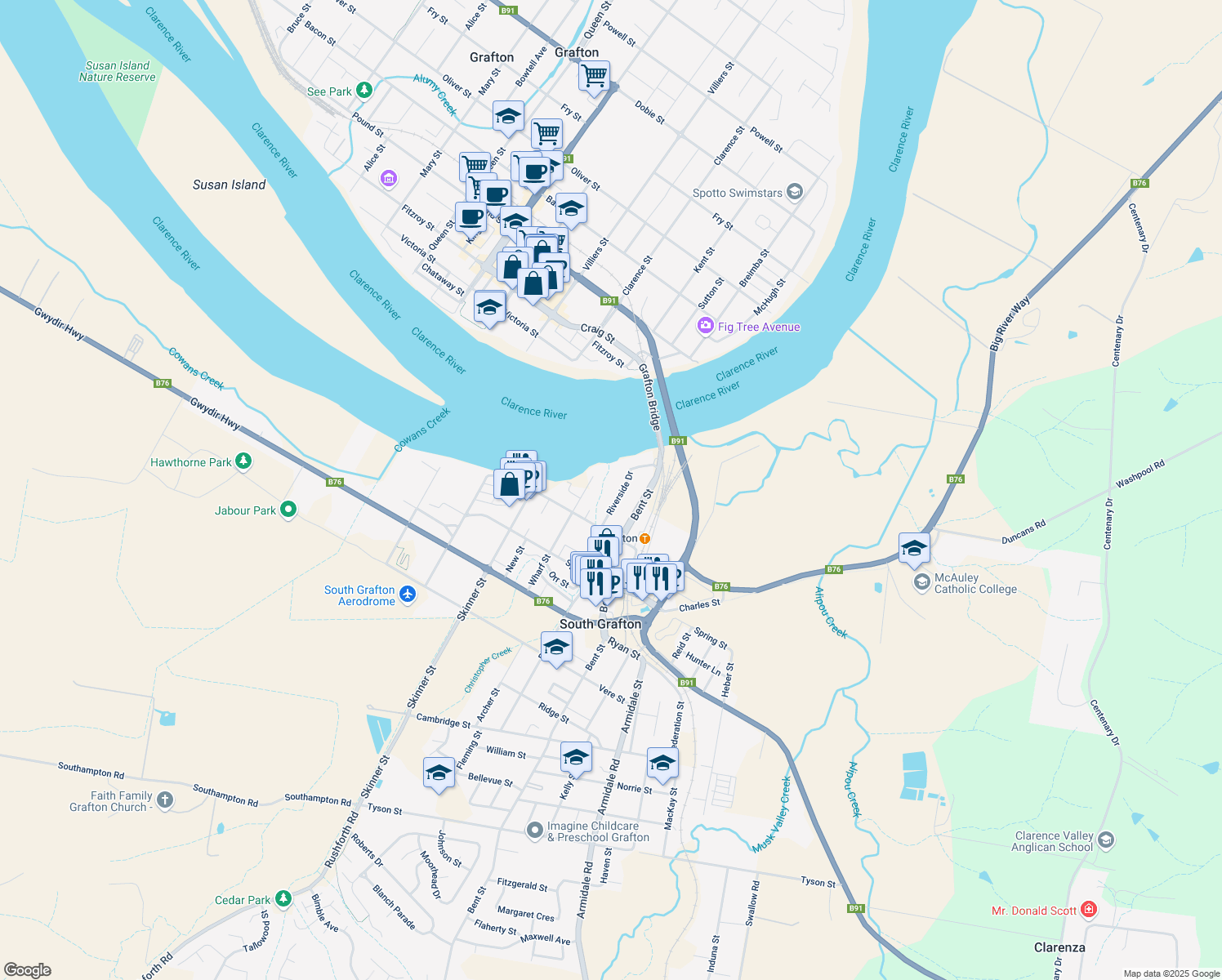 map of restaurants, bars, coffee shops, grocery stores, and more near LOT 15 Wharf Street in South Grafton