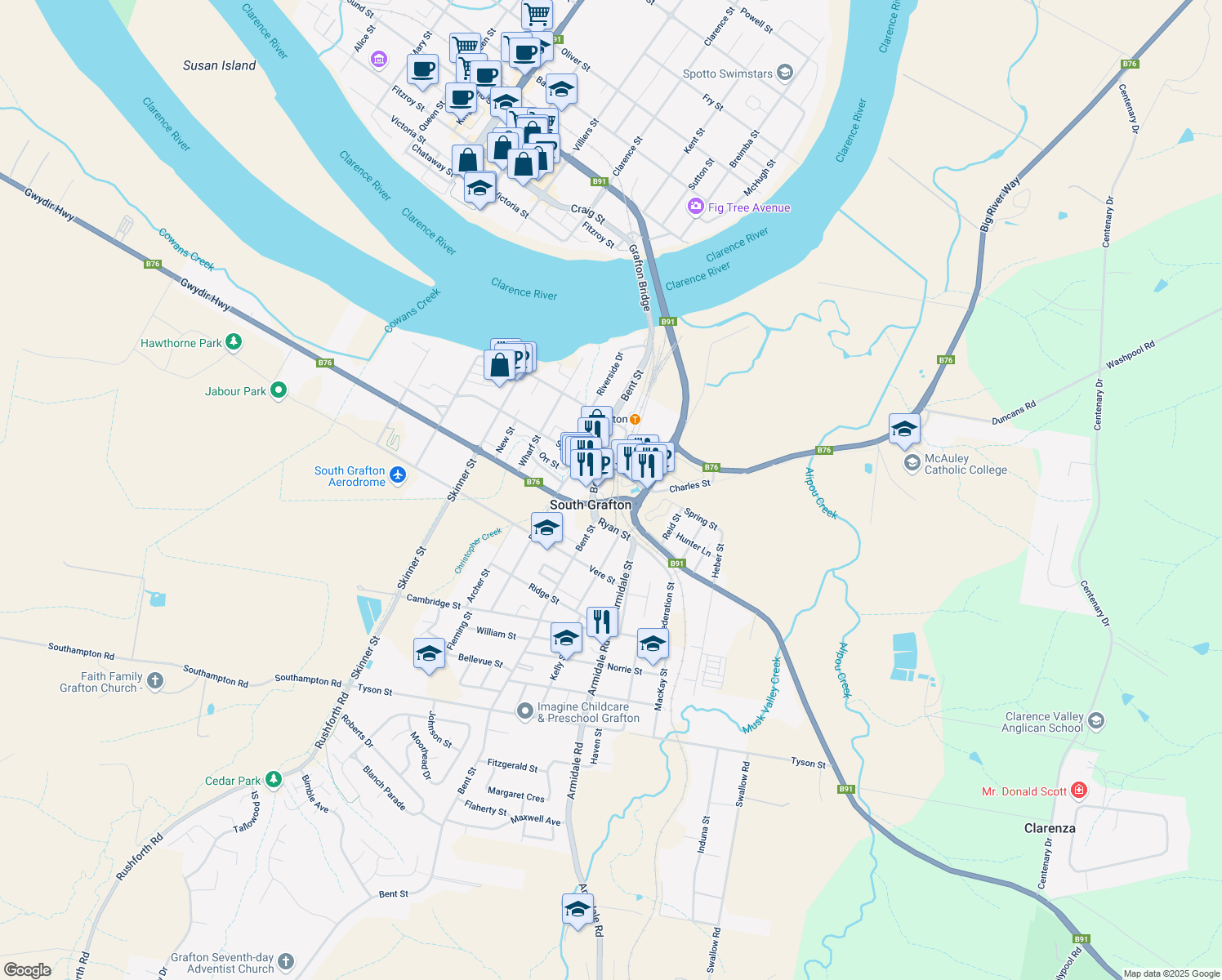 map of restaurants, bars, coffee shops, grocery stores, and more near  in South Grafton