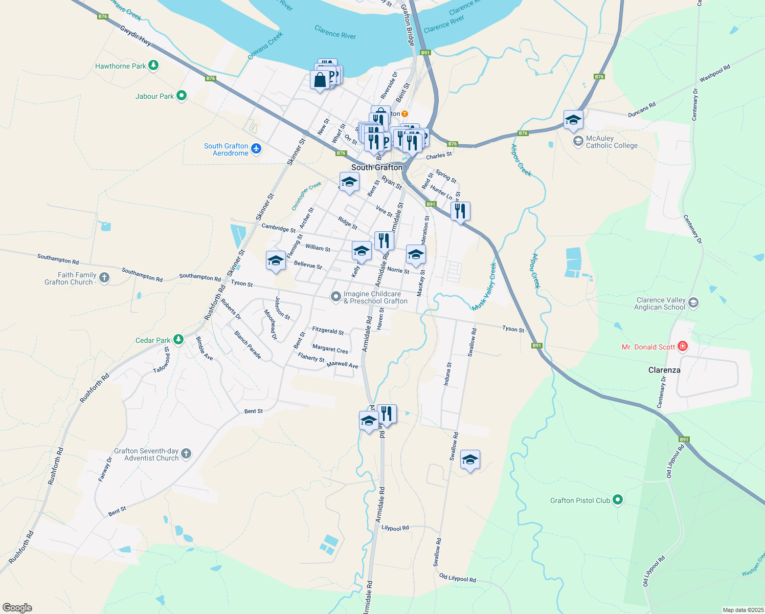 map of restaurants, bars, coffee shops, grocery stores, and more near Tyson Street in South Grafton