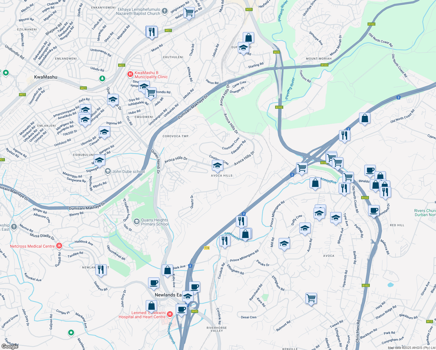 map of restaurants, bars, coffee shops, grocery stores, and more near 182 Avoca Hills Drive in Newlands East