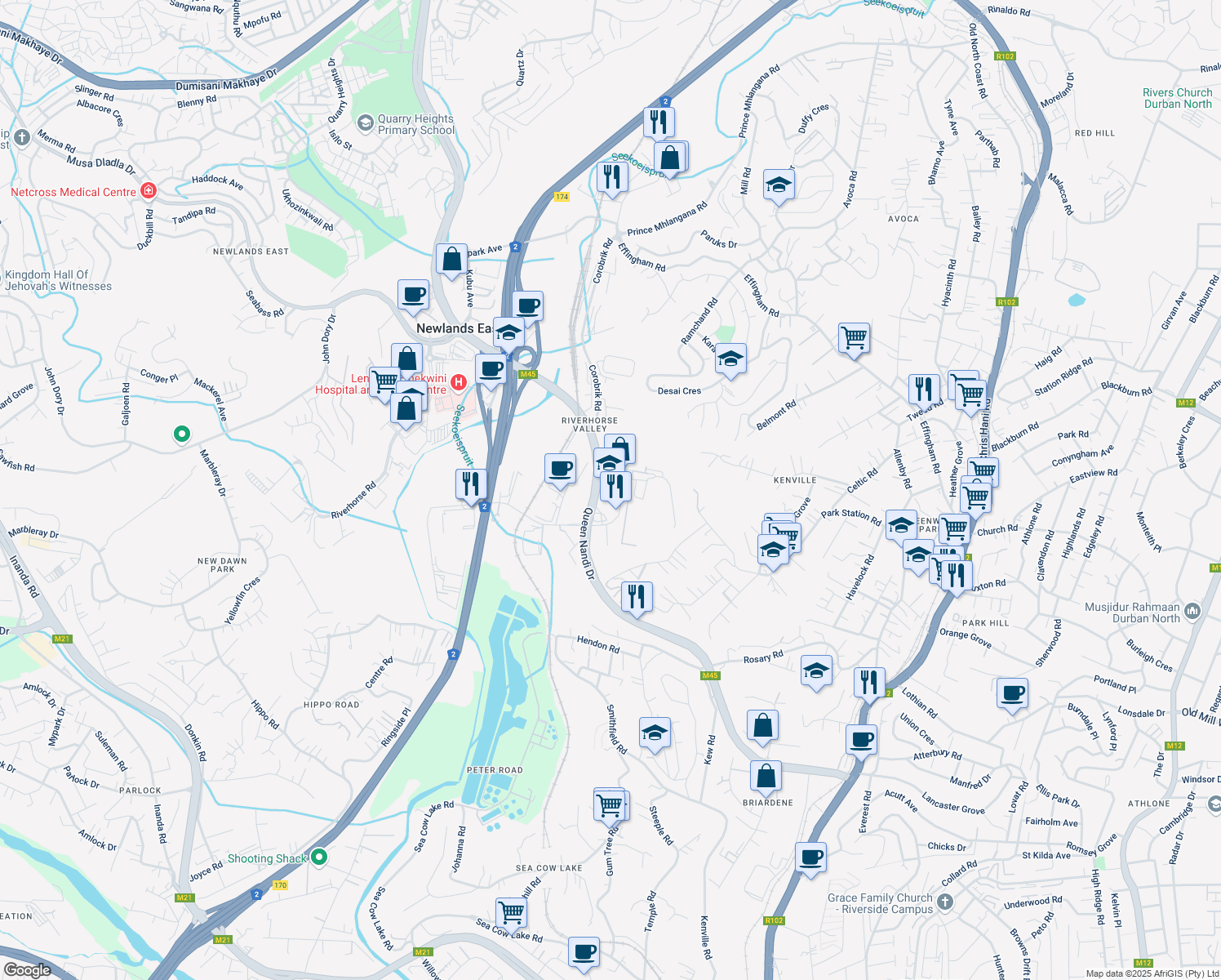 map of restaurants, bars, coffee shops, grocery stores, and more near 170 Queen Nandi Drive in Newlands East