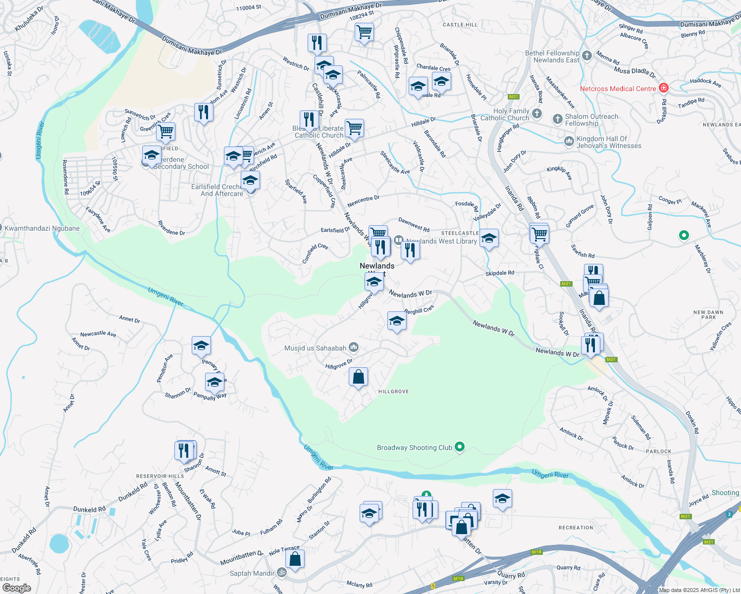 map of restaurants, bars, coffee shops, grocery stores, and more near 41 Hillgrove Drive in Newlands West