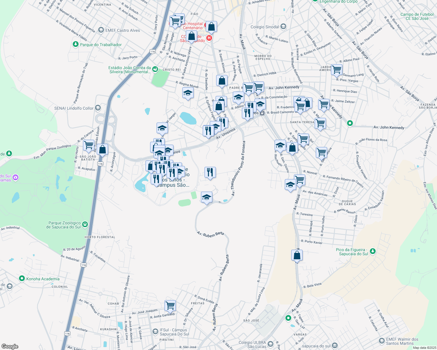 map of restaurants, bars, coffee shops, grocery stores, and more near 3101 Avenida Theodomiro Porto da Fonseca in São Leopoldo