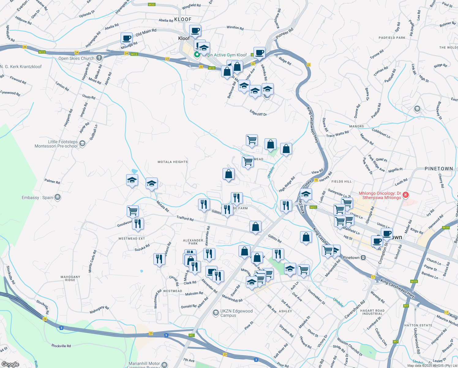 map of restaurants, bars, coffee shops, grocery stores, and more near 33 Surprise Road in Pinetown