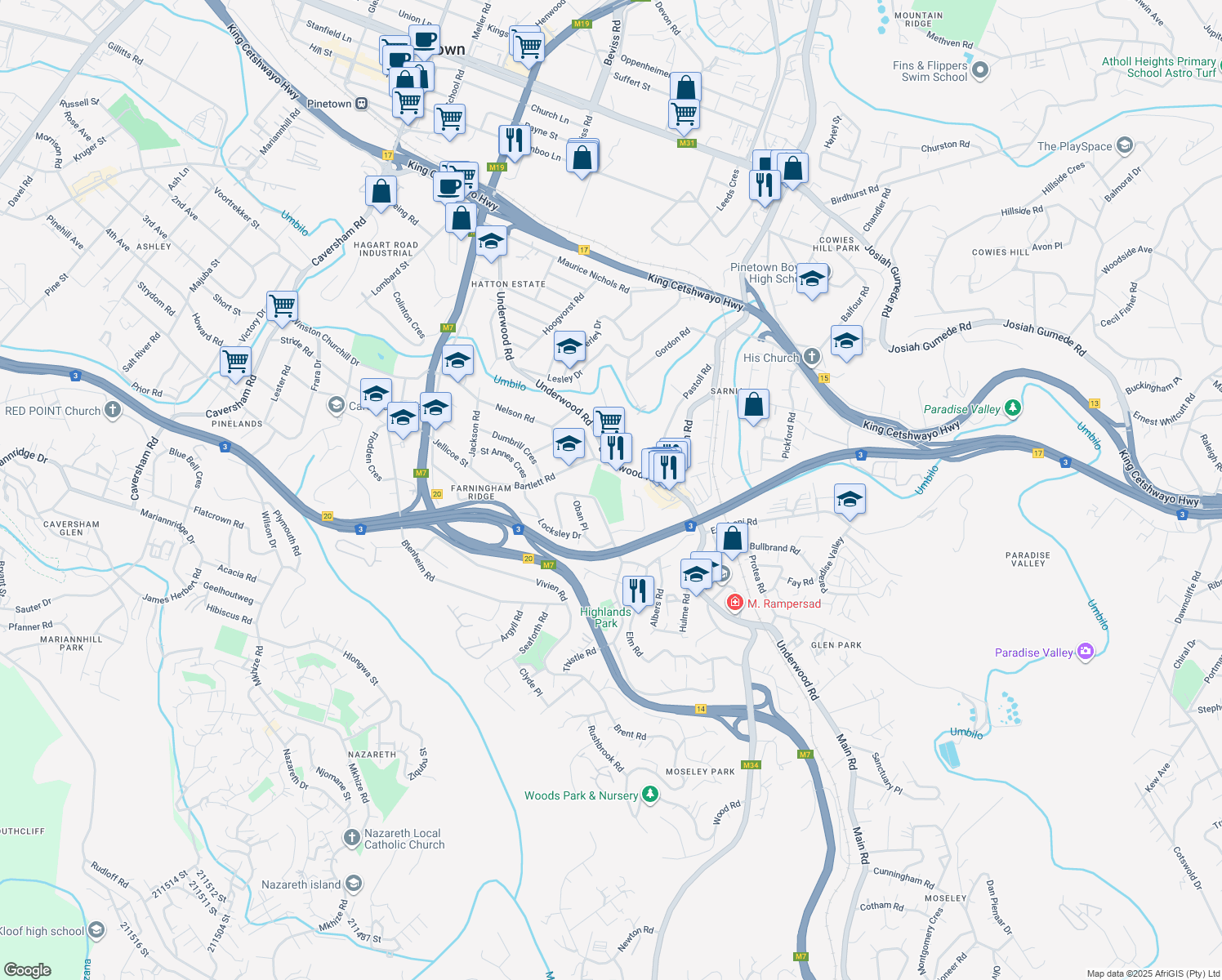 map of restaurants, bars, coffee shops, grocery stores, and more near 162 Underwood Road in Pinetown