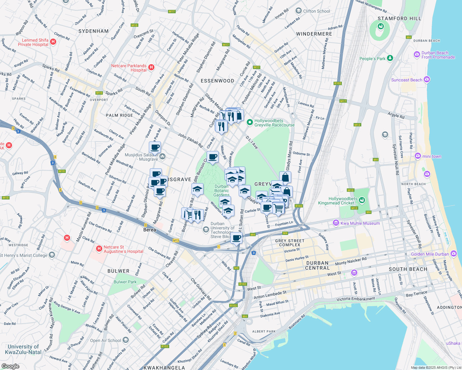 map of restaurants, bars, coffee shops, grocery stores, and more near 9 John Zikhali Road in Berea
