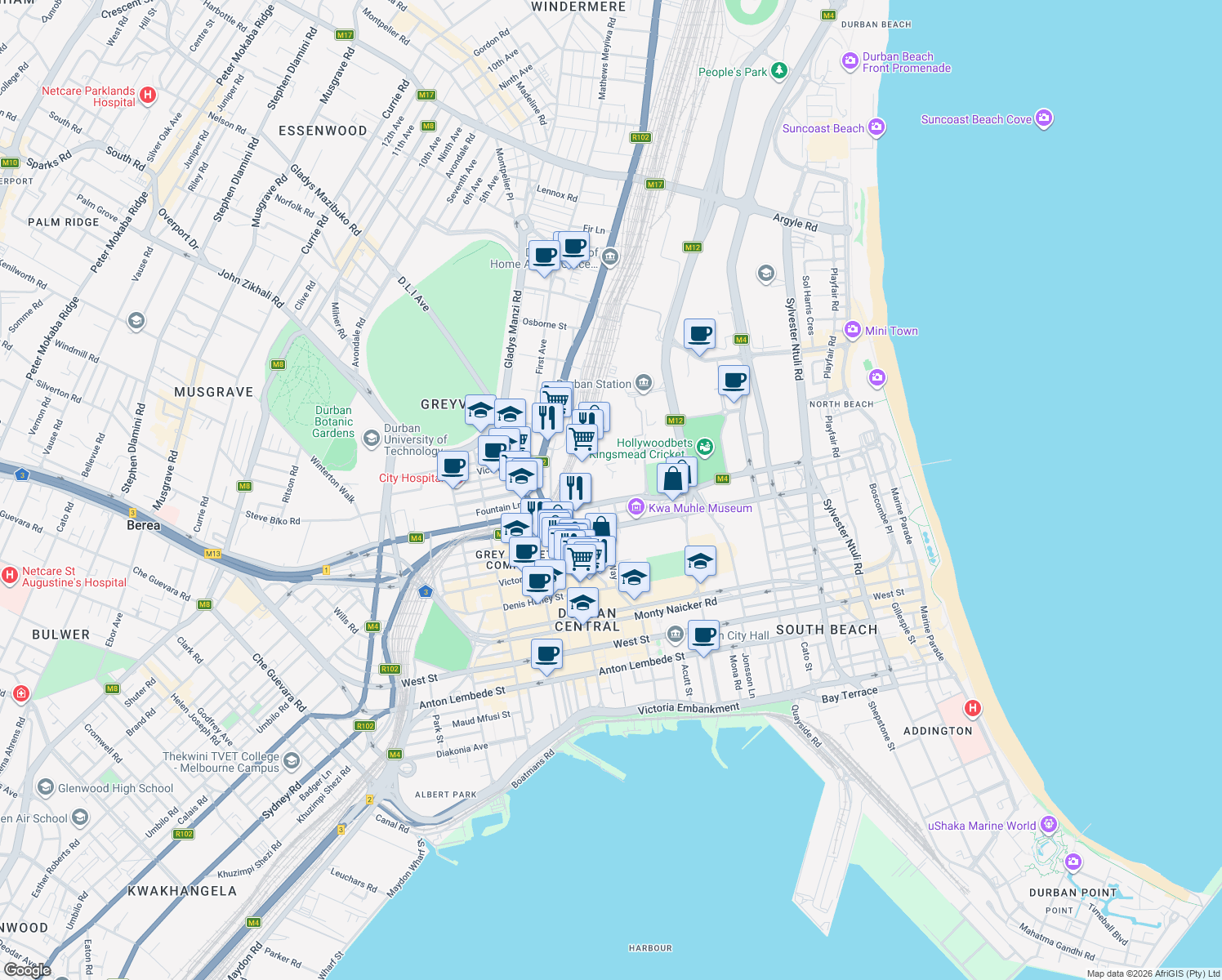 map of restaurants, bars, coffee shops, grocery stores, and more near 141 K E Masinga Road in Durban