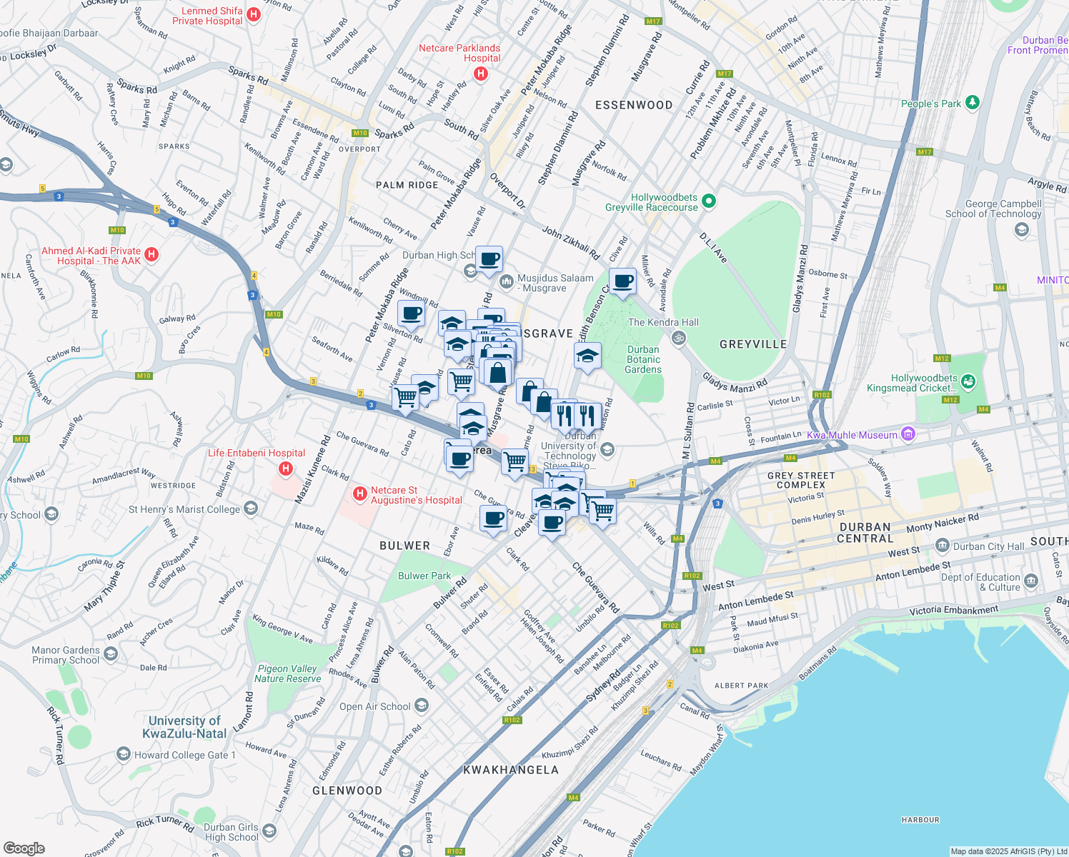 map of restaurants, bars, coffee shops, grocery stores, and more near 62 Currie Road in Berea