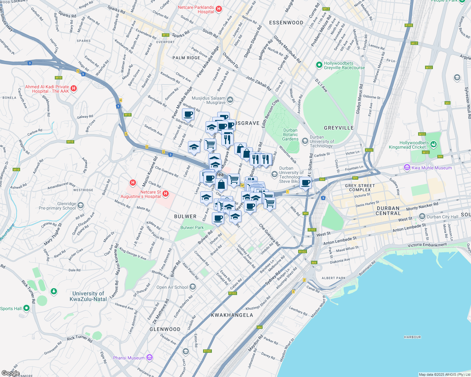 map of restaurants, bars, coffee shops, grocery stores, and more near 333 King Dinizulu Road North in Berea