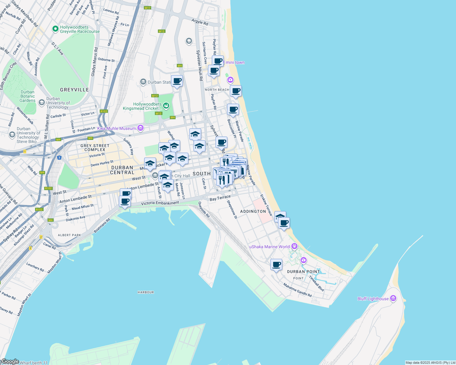 map of restaurants, bars, coffee shops, grocery stores, and more near 9 Masobiya Mdluli Street in Durban