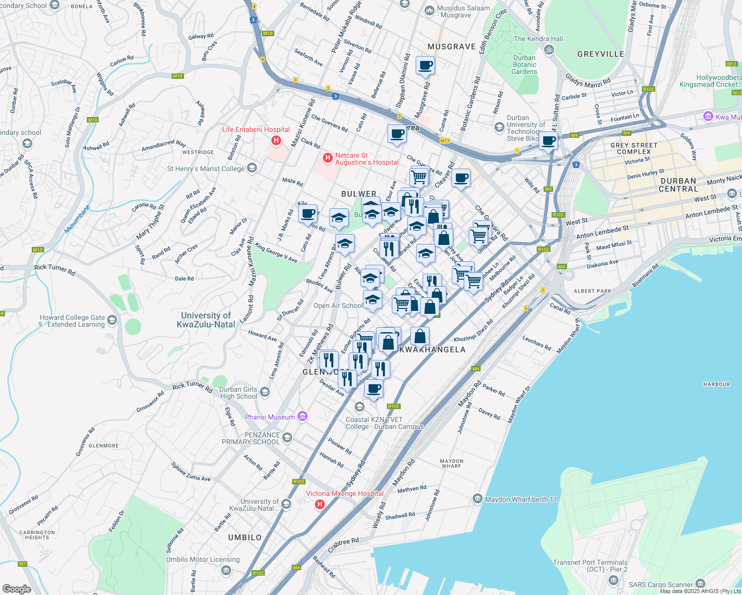 map of restaurants, bars, coffee shops, grocery stores, and more near 63 Alan Paton Road in Durban
