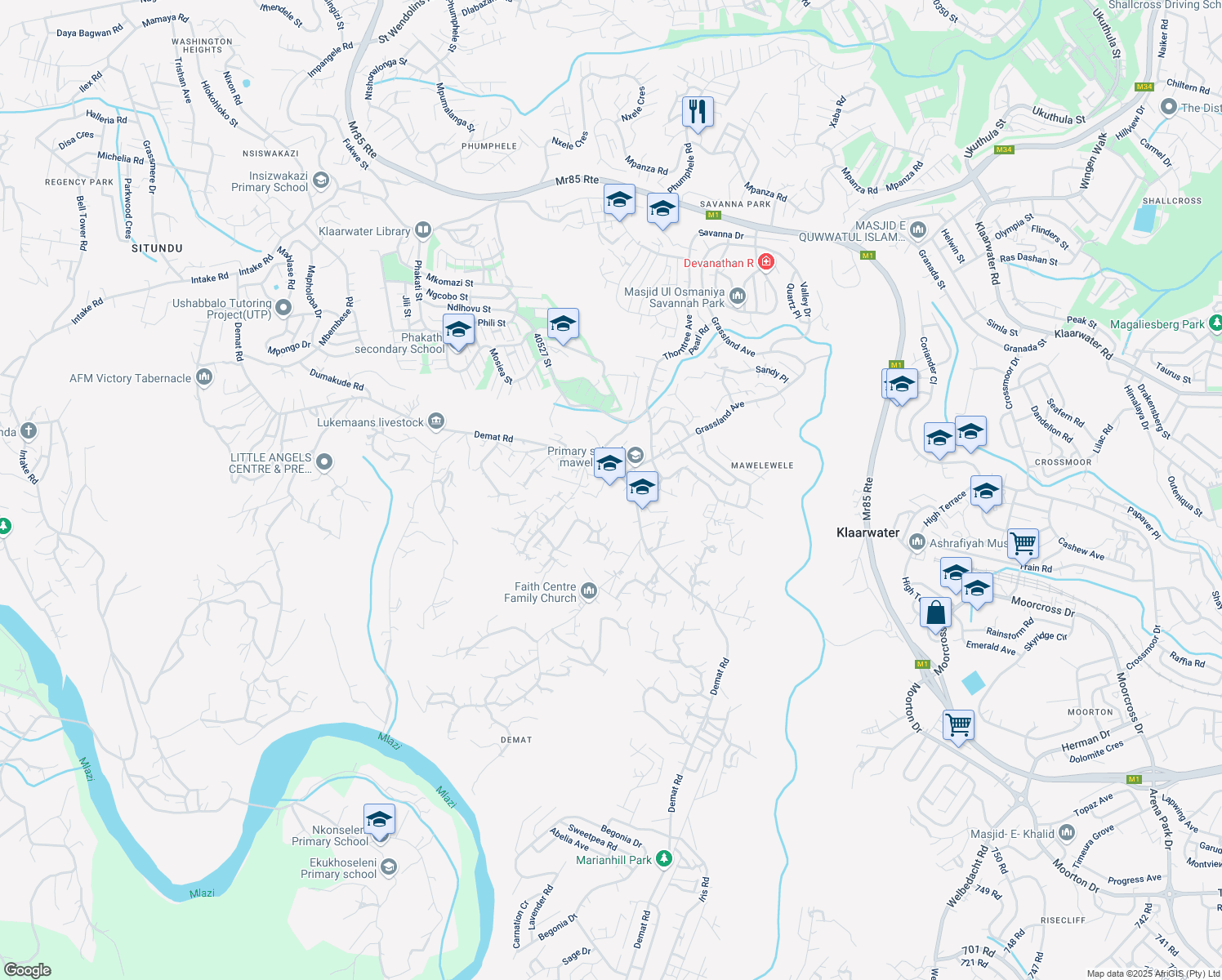 map of restaurants, bars, coffee shops, grocery stores, and more near 320 Demat Road in Klaarwater