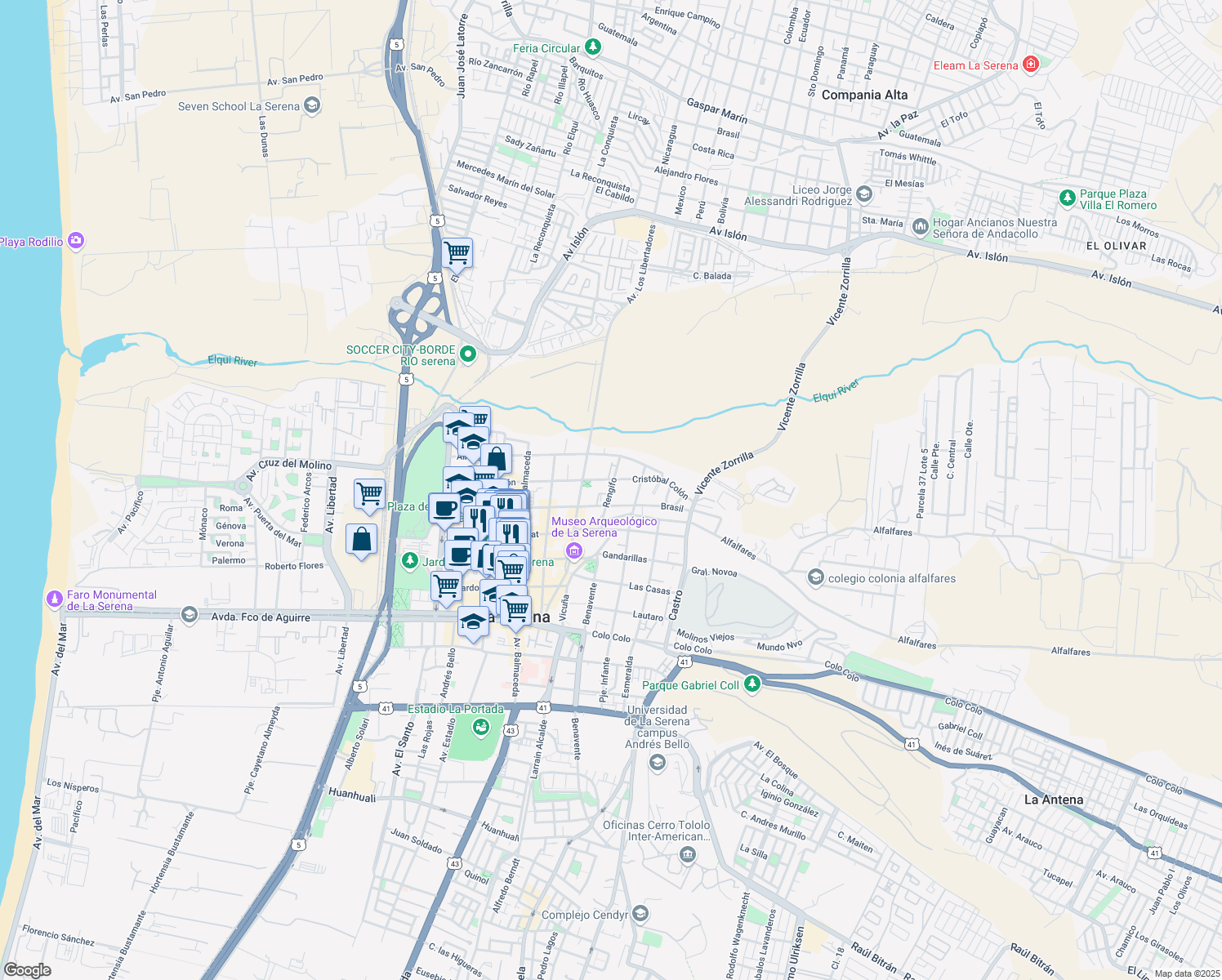 map of restaurants, bars, coffee shops, grocery stores, and more near 240 Rengifo in La Serena