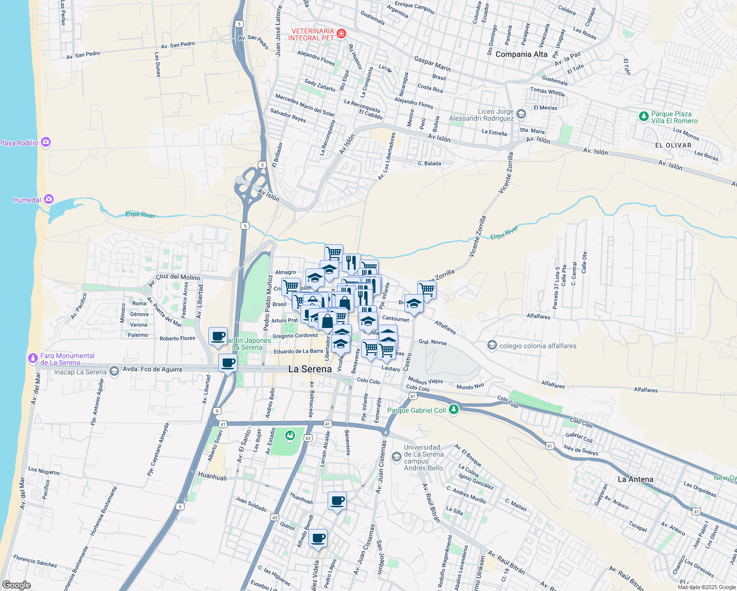 map of restaurants, bars, coffee shops, grocery stores, and more near 240 Rengifo in La Serena
