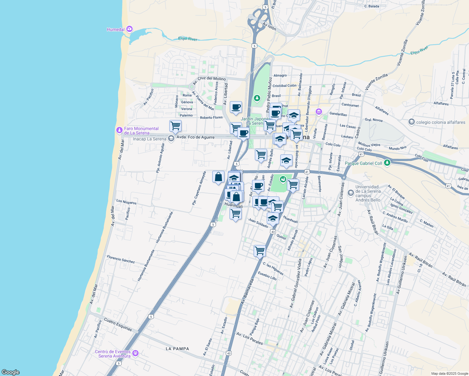 map of restaurants, bars, coffee shops, grocery stores, and more near 1400 Alberto Solari in La Serena