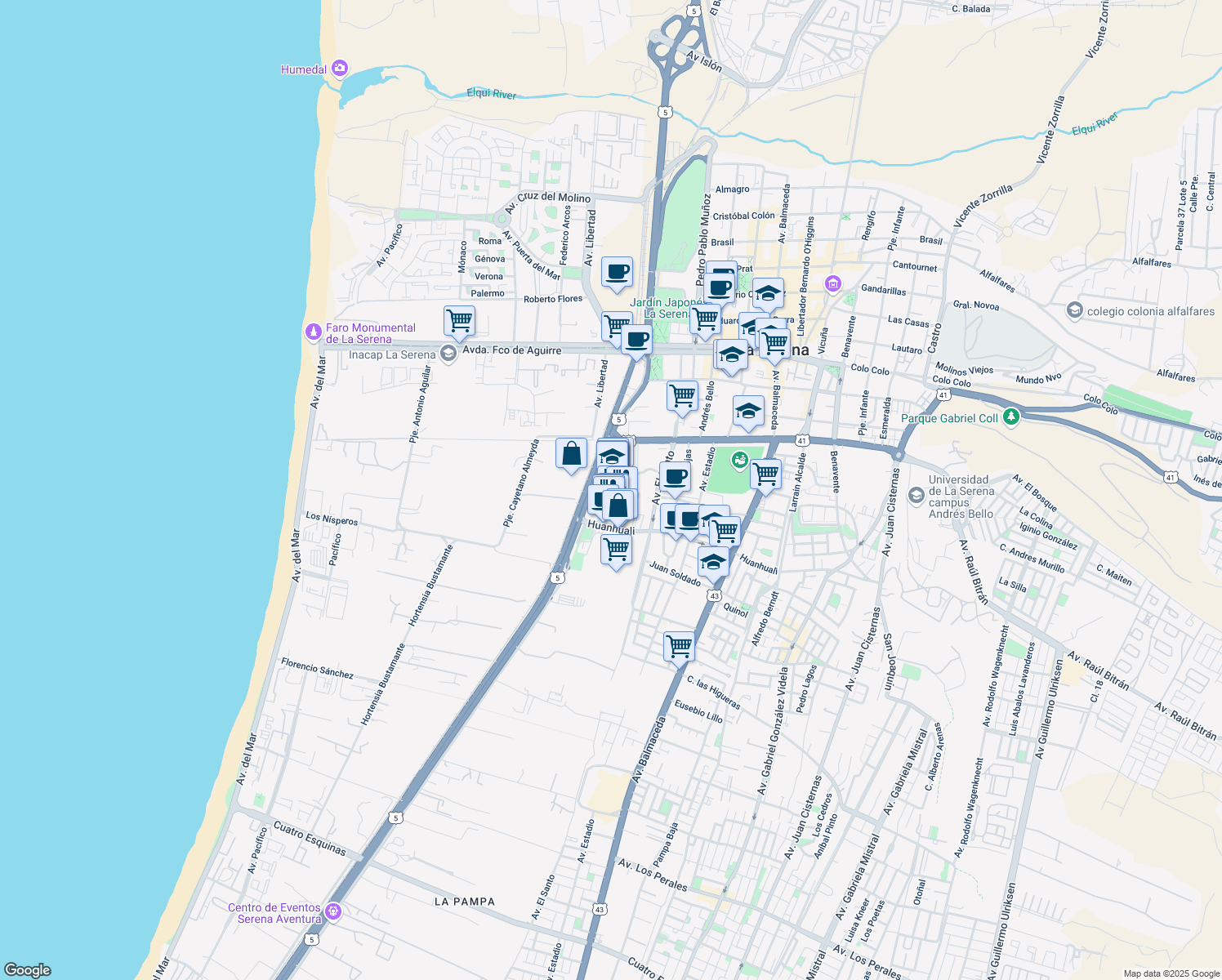 map of restaurants, bars, coffee shops, grocery stores, and more near 1400 Alberto Solari in La Serena