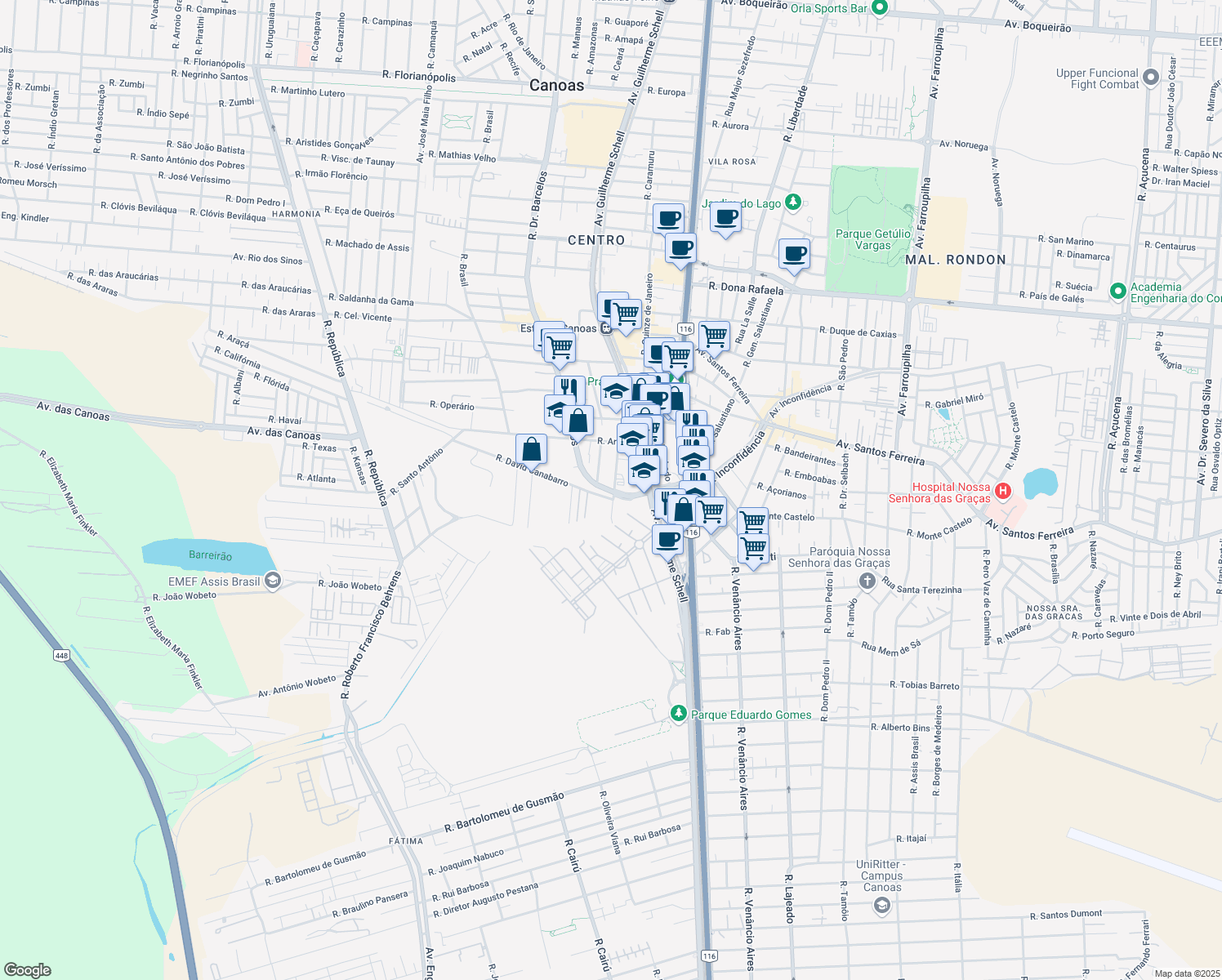 map of restaurants, bars, coffee shops, grocery stores, and more near 2375 Rua Doutor Barcelos in Canoas