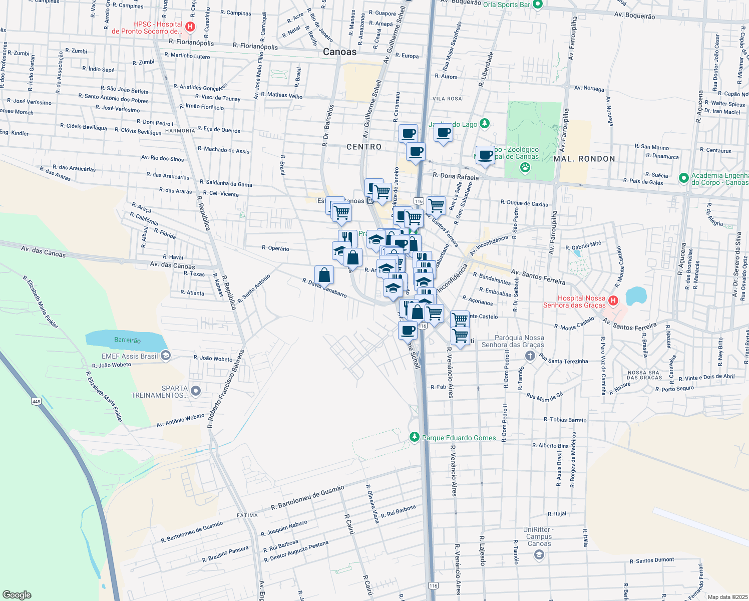 map of restaurants, bars, coffee shops, grocery stores, and more near 2375 Rua Doutor Barcelos in Canoas
