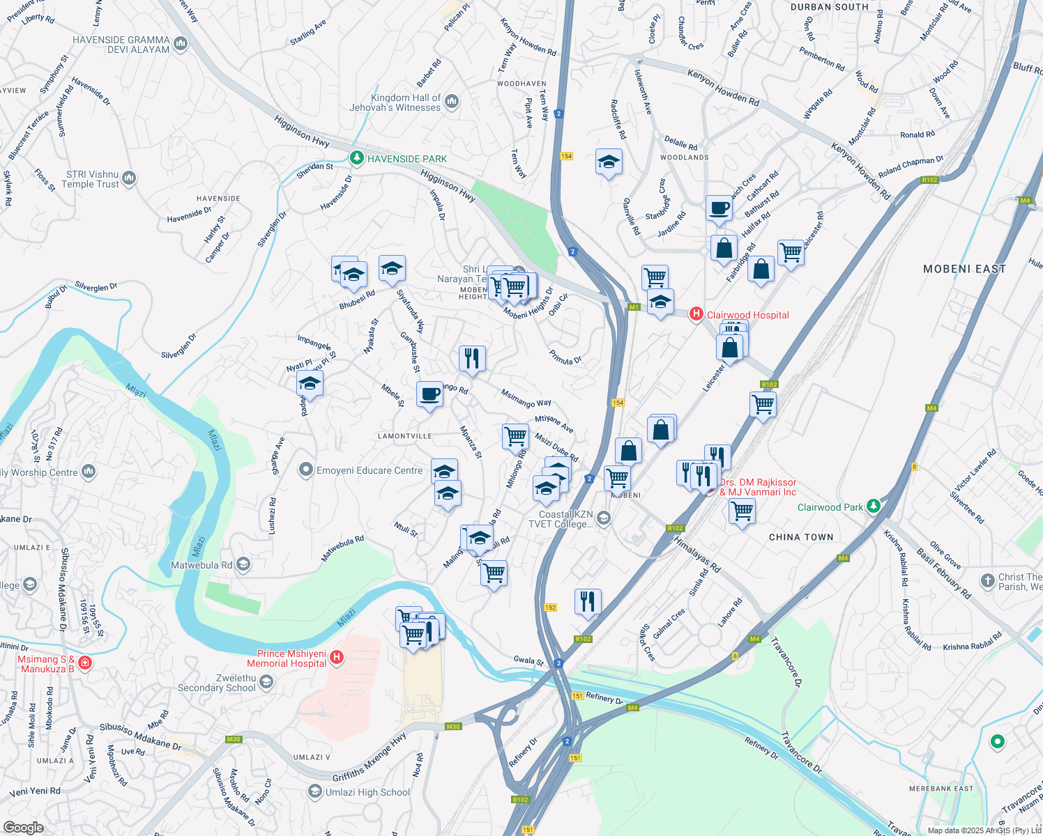 map of restaurants, bars, coffee shops, grocery stores, and more near 0 Mhlongo Road in Chatsworth