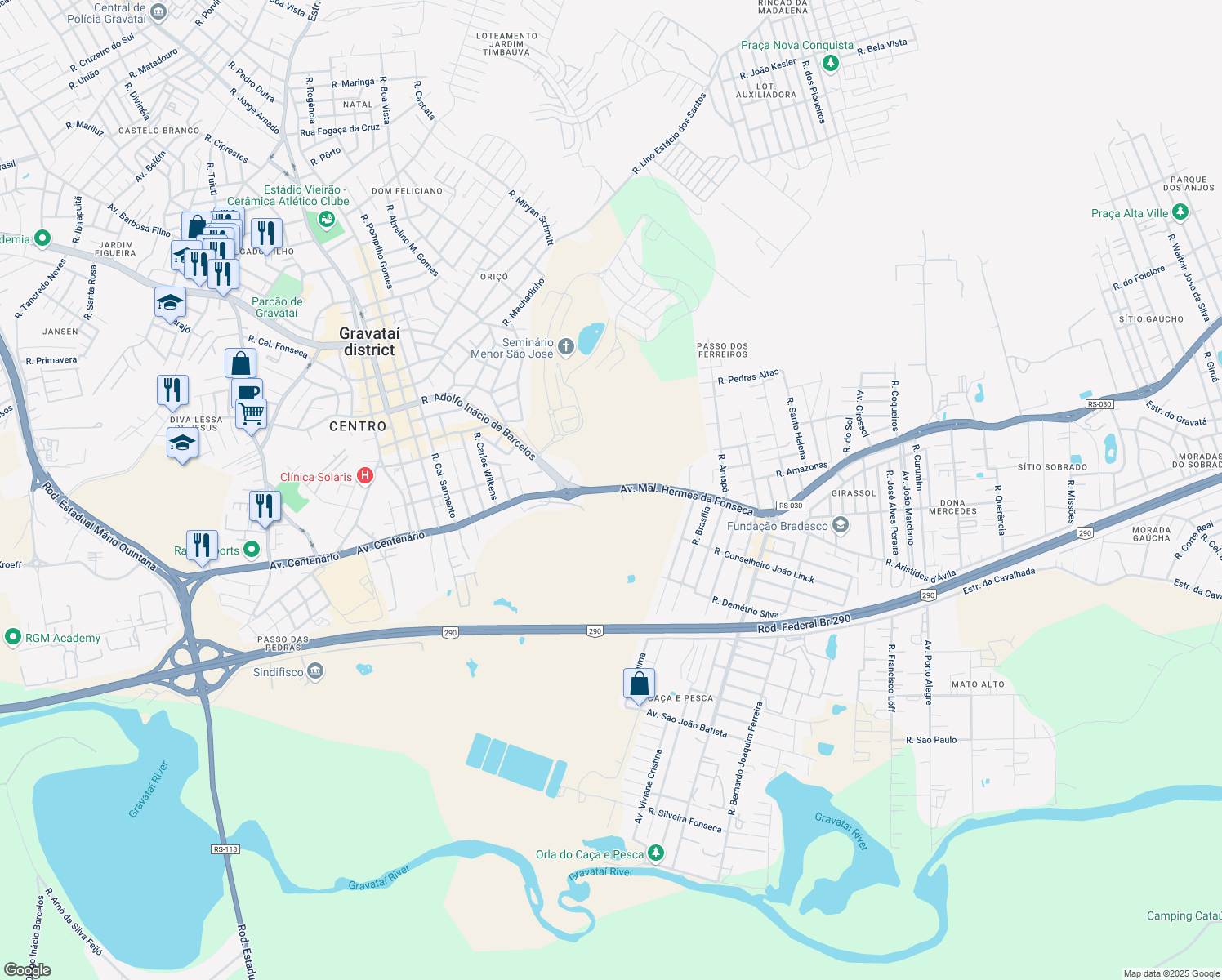 map of restaurants, bars, coffee shops, grocery stores, and more near 118 RS-030 in Gravataí