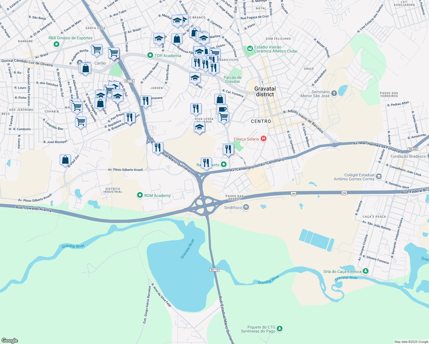 map of restaurants, bars, coffee shops, grocery stores, and more near 118 RS-030 in Gravataí
