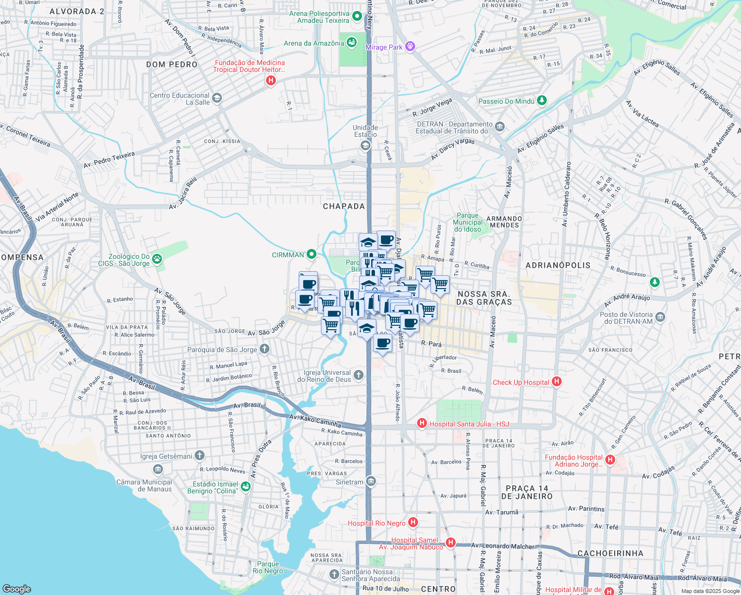 map of restaurants, bars, coffee shops, grocery stores, and more near Avenida Constantino Nery in Manaus