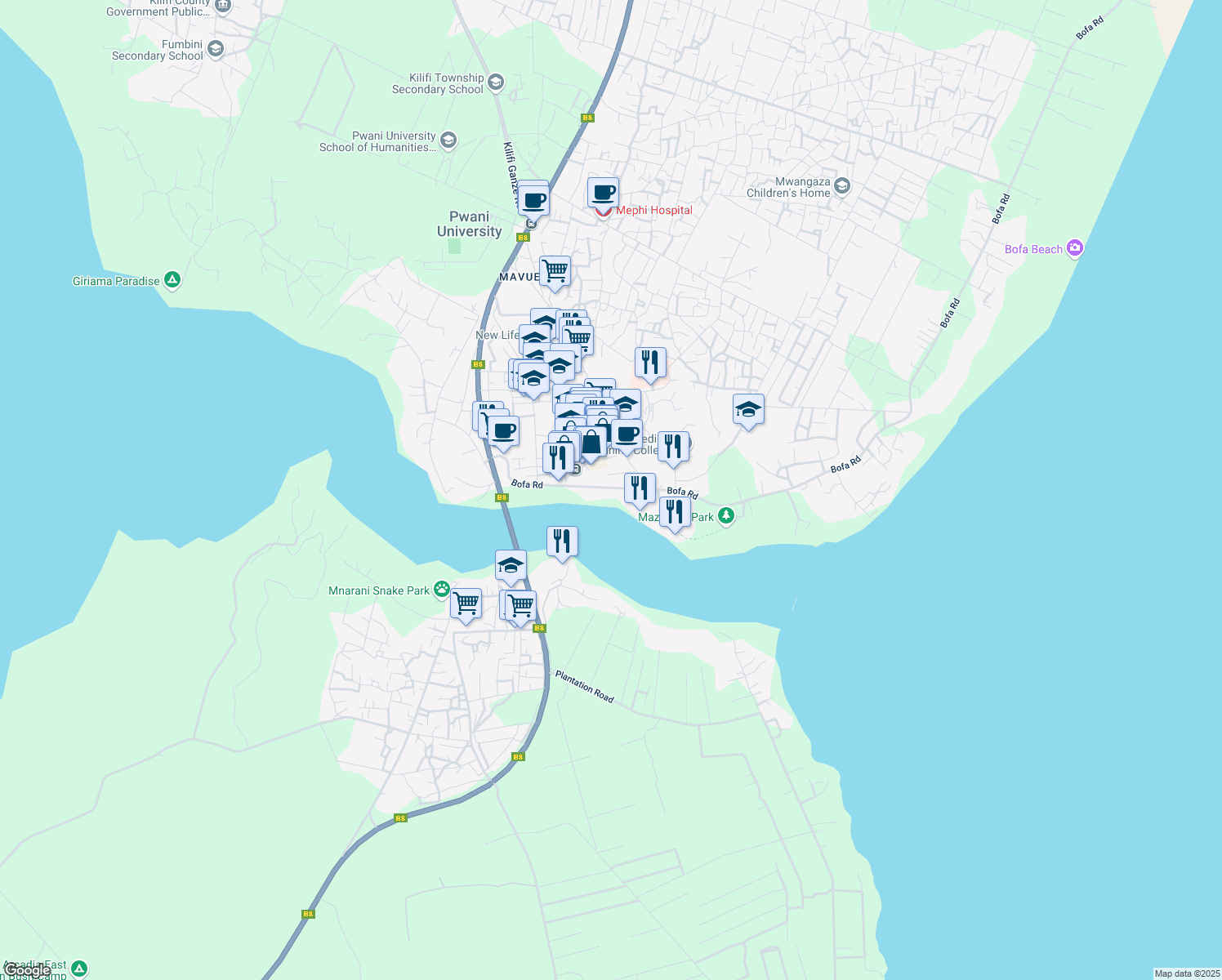 map of restaurants, bars, coffee shops, grocery stores, and more near Bofa Rd in Kilifi