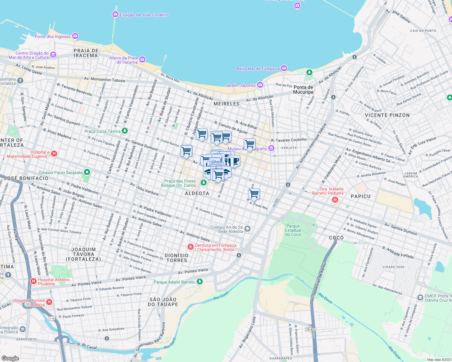 map of restaurants, bars, coffee shops, grocery stores, and more near 1056 Rua Desembargador Leite Albuquerque in Fortaleza