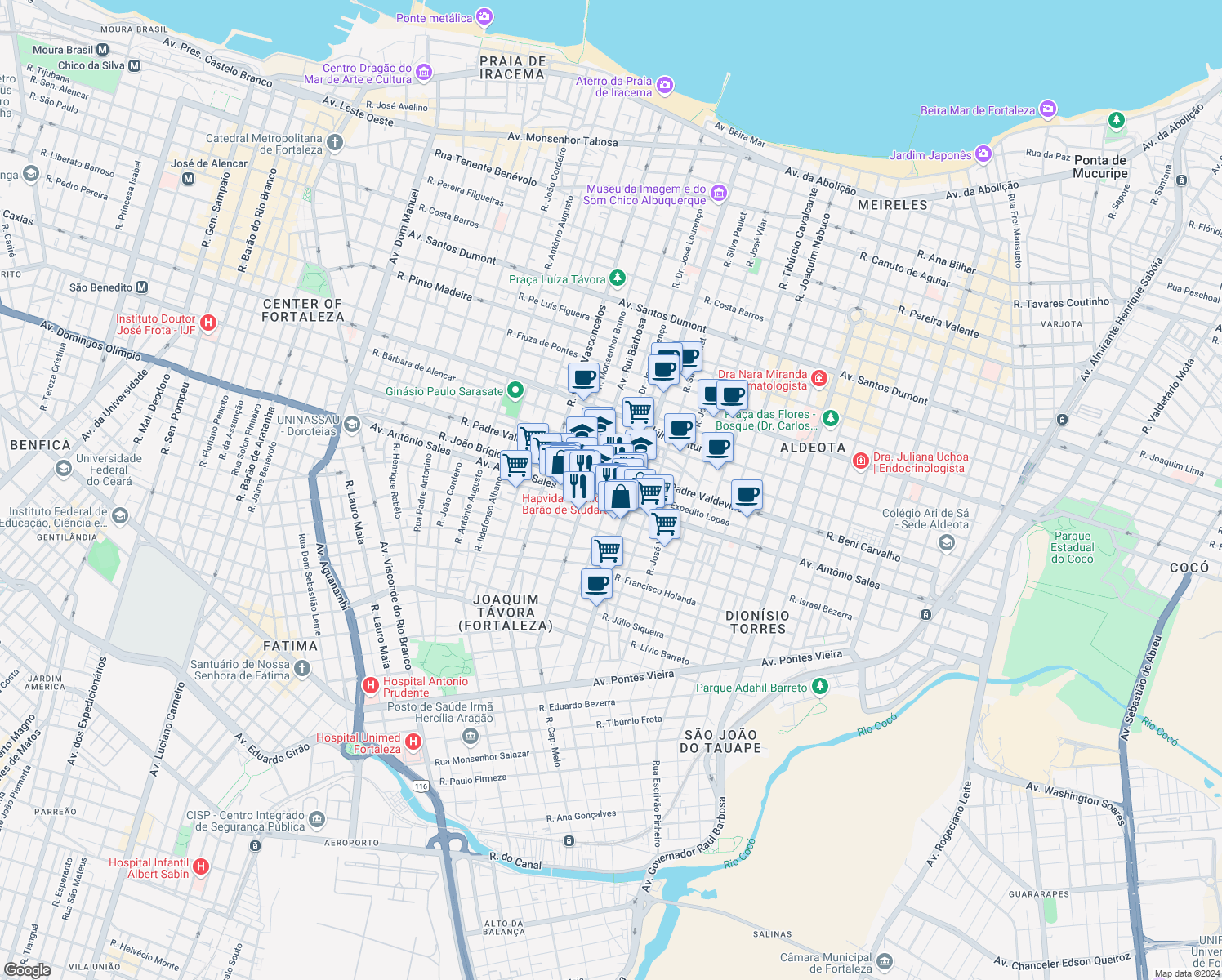 map of restaurants, bars, coffee shops, grocery stores, and more near 2370 Rua João Brígido in Fortaleza