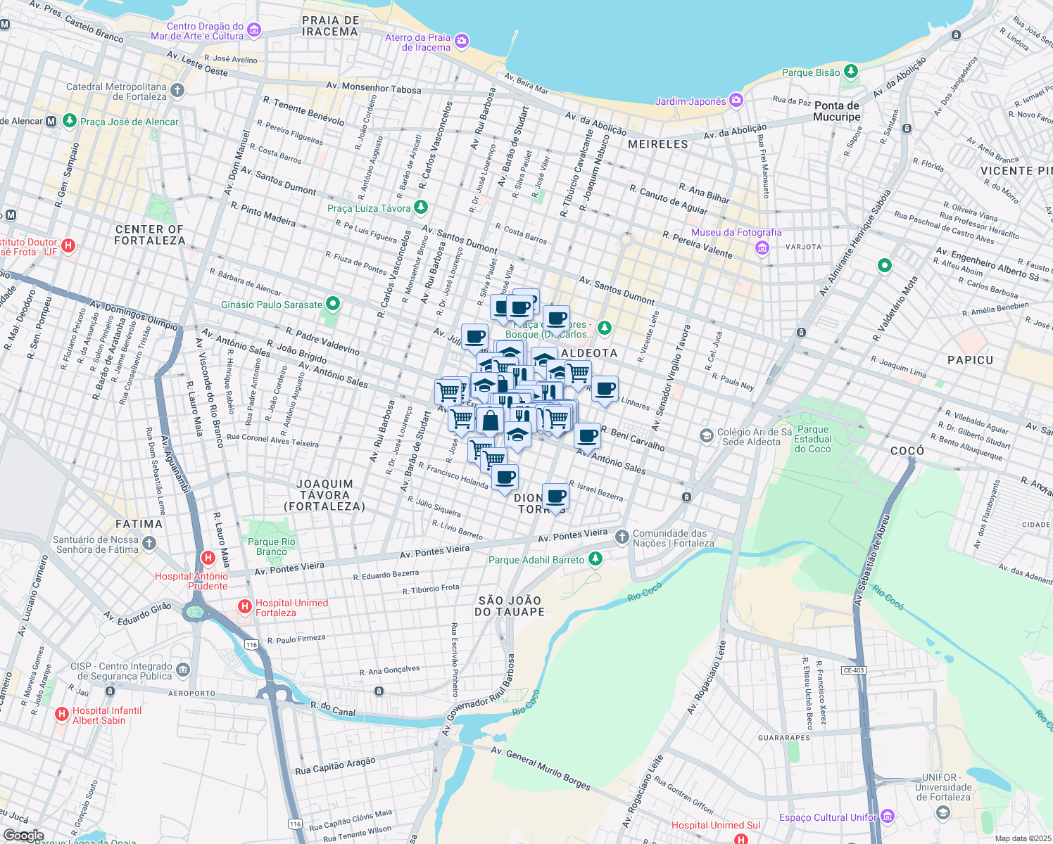 map of restaurants, bars, coffee shops, grocery stores, and more near 2370 Rua João Brígido in Fortaleza