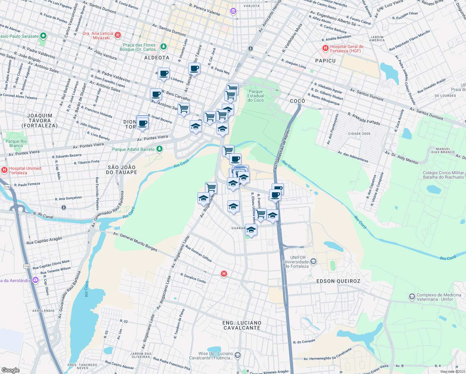 map of restaurants, bars, coffee shops, grocery stores, and more near 85 Avenida Washington Soares in Fortaleza
