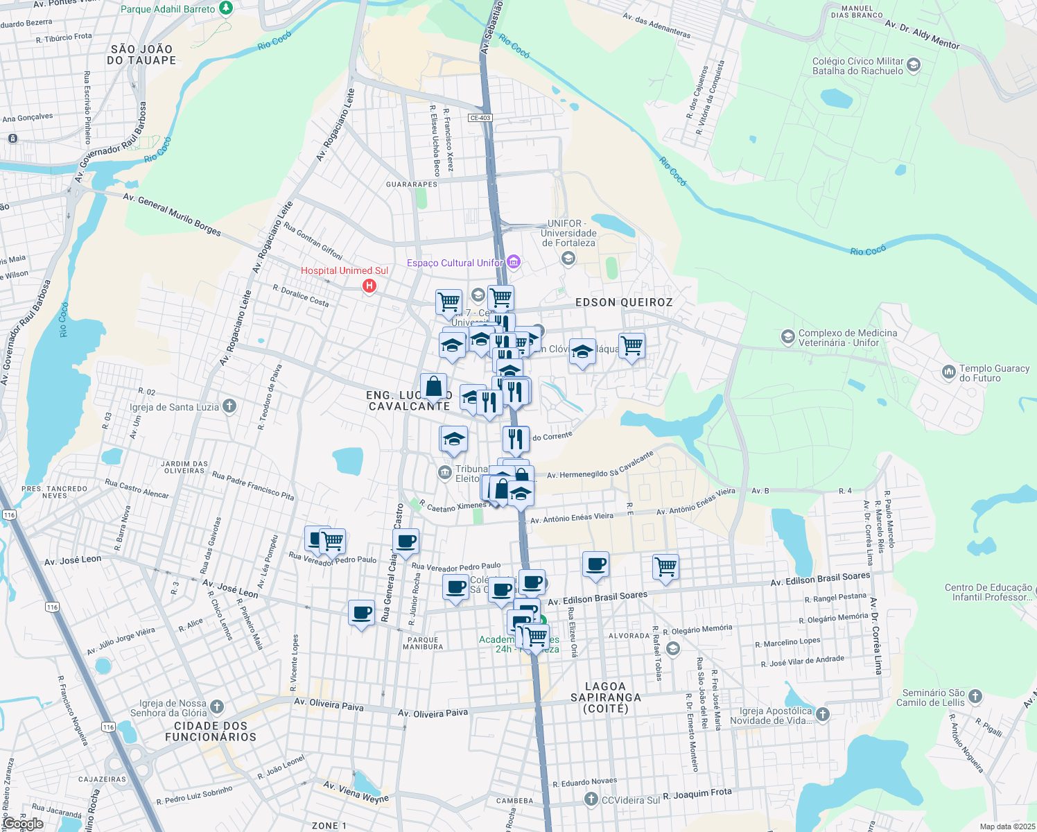 map of restaurants, bars, coffee shops, grocery stores, and more near 85 Avenida Washington Soares in Fortaleza