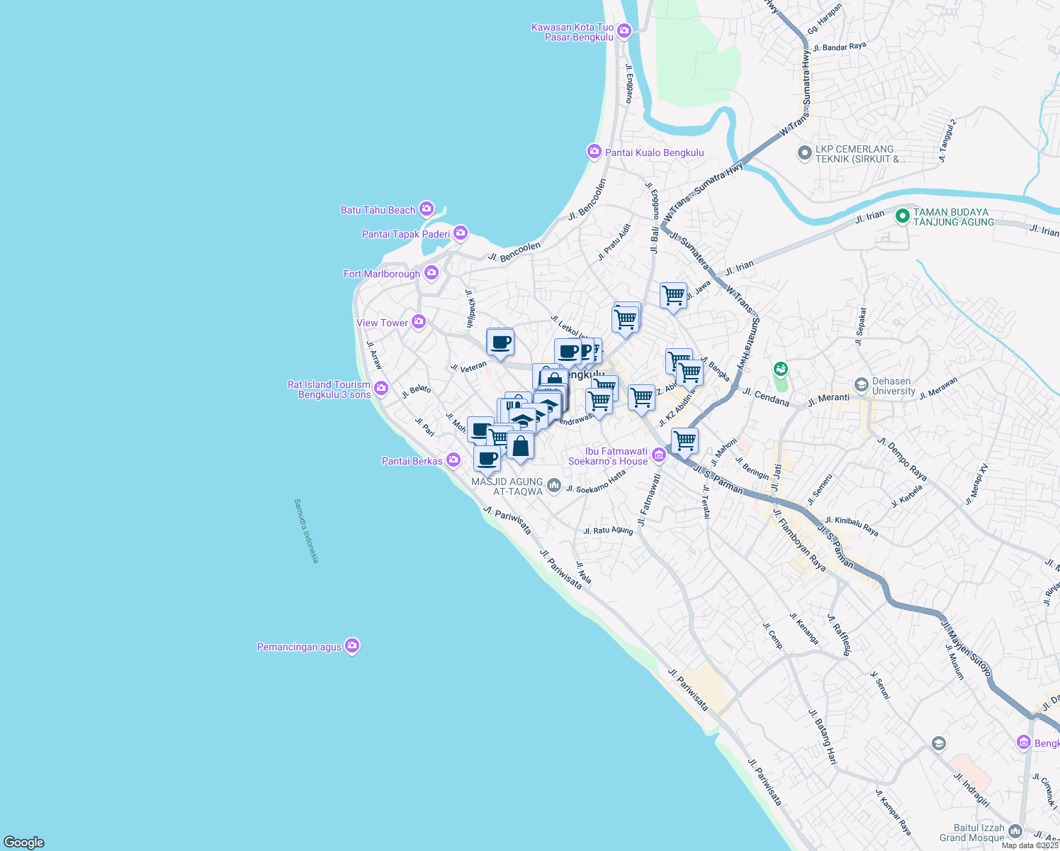 map of restaurants, bars, coffee shops, grocery stores, and more near Unnamed Road in Kota Bengkulu