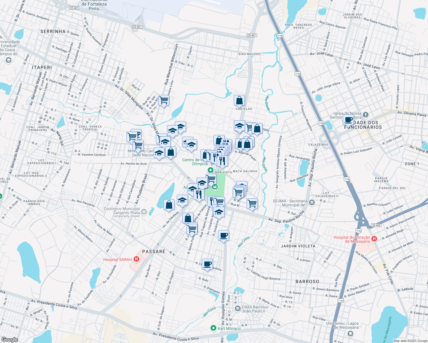 map of restaurants, bars, coffee shops, grocery stores, and more near 2900 Avenida Alberto Craveiro in Fortaleza
